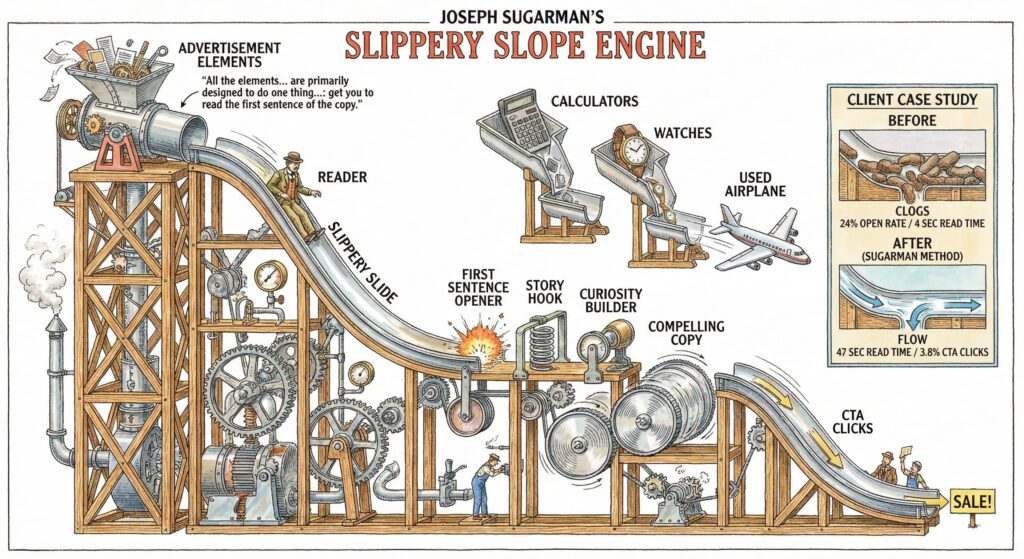 Joseph Sugarman's slippery slope engine showing reader sliding down through first sentence opener, story hook, curiosity builder to compelling copy and sale, with before/after case study results