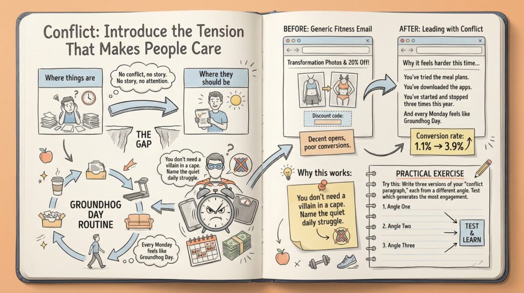 Illustration explaining how to introduce conflict and show the after in email marketing, with a before–after fitness email and conversion rate improving from 1.1% to 3.9%.