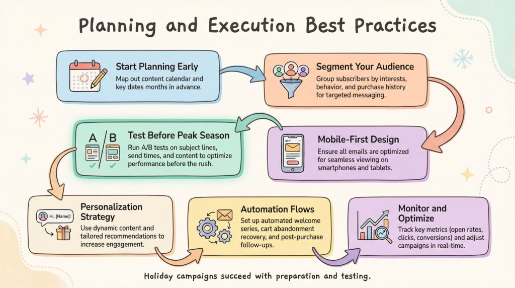 Holiday campaign planning and execution best practices infographic.