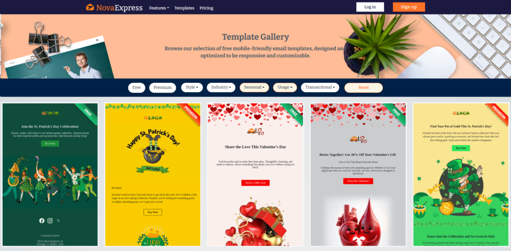 St. Patrick’s Day email template with people celebrating in green outfits.