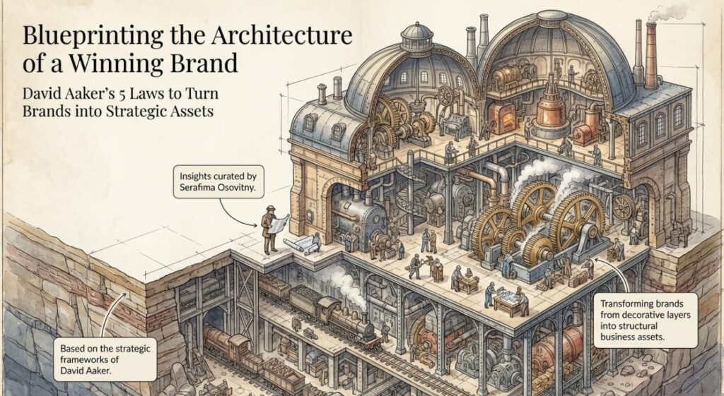 Architectural-style illustration symbolizing David Aaker’s 5 branding principles and the structure of brand equity