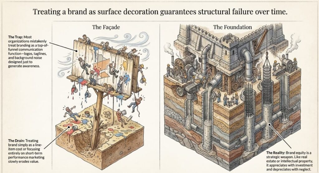 Architectural-style illustration representing brand equity as a measurable strategic asset in Aaker’s framework