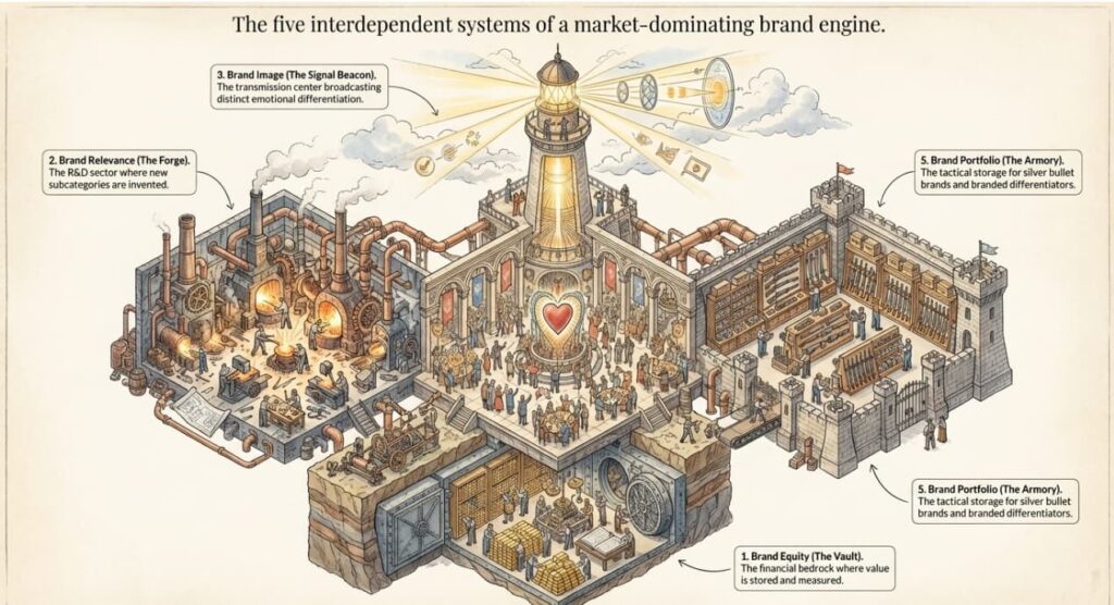 Architectural-style illustration symbolizing Aaker’s concept of brand relevance and creating new market subcategories