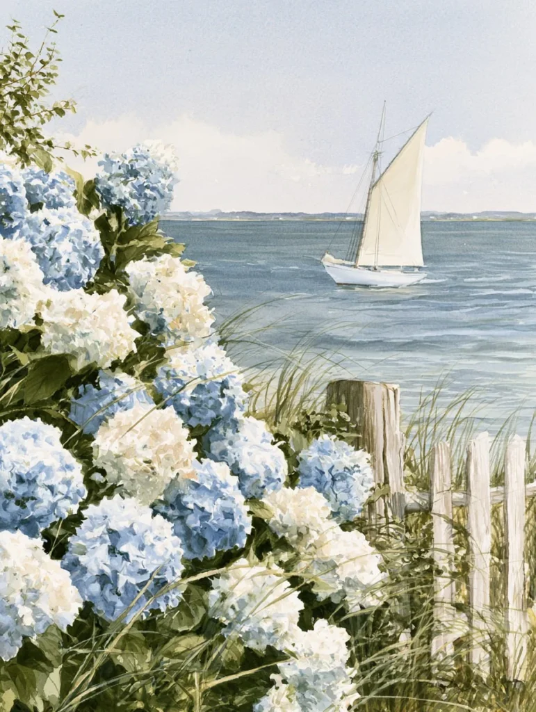 Watercolor painting of blue and white hydrangeas beside a weathered fence overlooking a harbor with a white sailboat