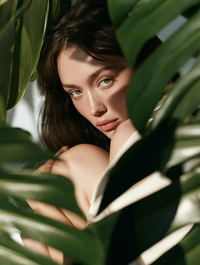 Woman with long dark hair hugging her knees, framed by large monstera leaves in soft natural light