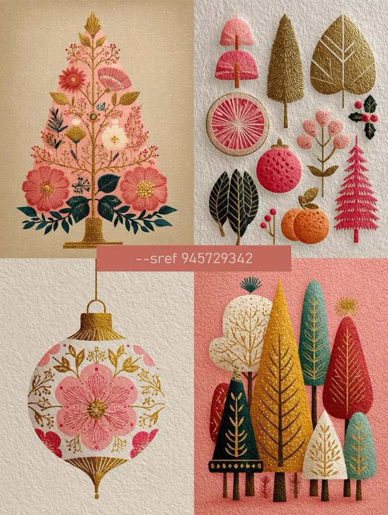 Four pink and gold holiday illustrations: a floral Christmas tree, festive decorations, an ornament, and stylized trees, labeled with Midjourney style code 945729342