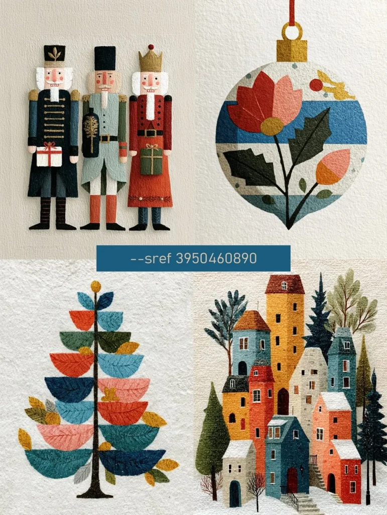 Four textured Christmas illustrations: nutcracker figures, a floral ornament, a leaf-shaped tree, and a snowy town, labeled with Midjourney style code 3950460890