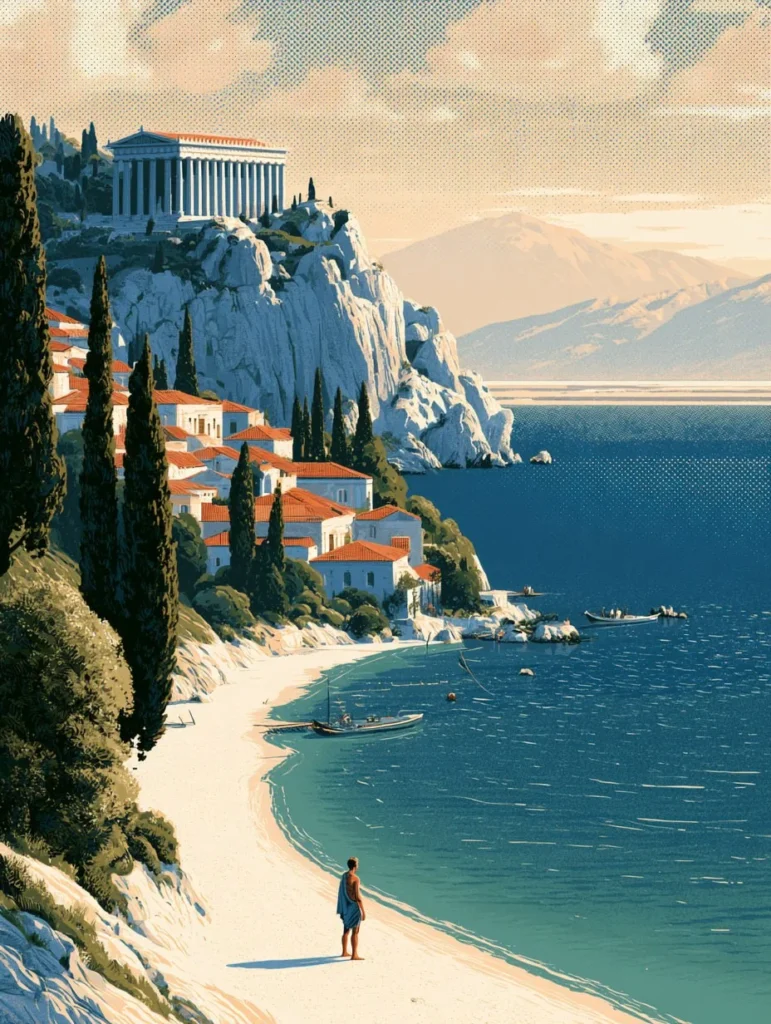Retro travel poster illustration of a Greek coastal town with a cliffside temple, cypress trees, and a turquoise bay