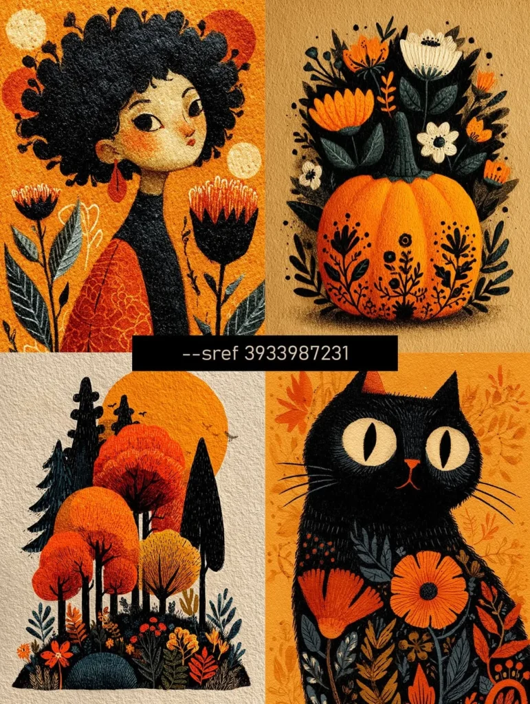 Four orange and black folk illustrations: a girl with curly hair, a pumpkin with flowers, an autumn forest, and a black cat, labeled with Midjourney style code 3933987231