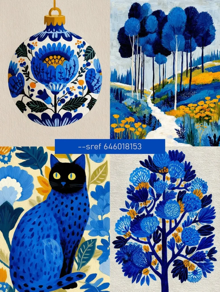 Four blue and gold folk art illustrations: a Christmas ornament, a forest path, a spotted cat, and a flowering tree, labeled with Midjourney style code 646018153