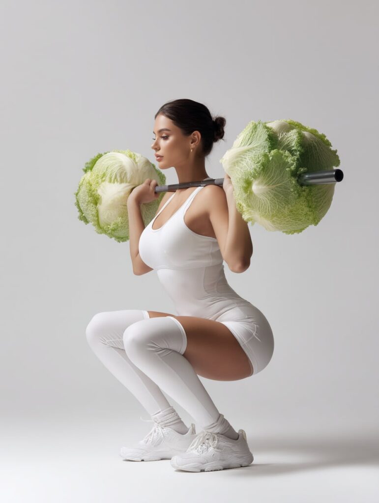 Side view of a woman in a white fitness bodysuit squatting with a barbell made of large cabbages