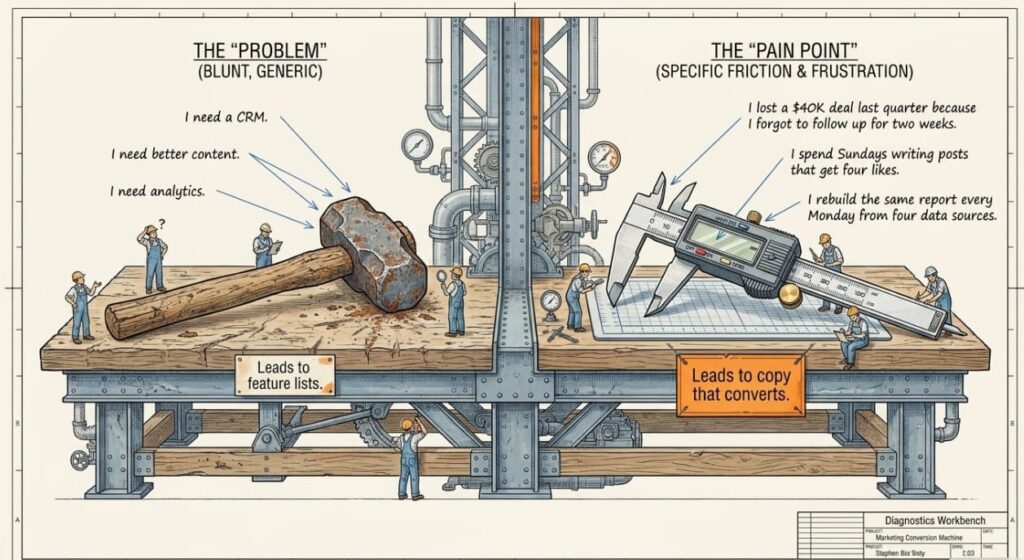 Illustration of financial pain point: company paying for 5 SaaS tools but only using 2, wasting $8,000/month on freelance writers