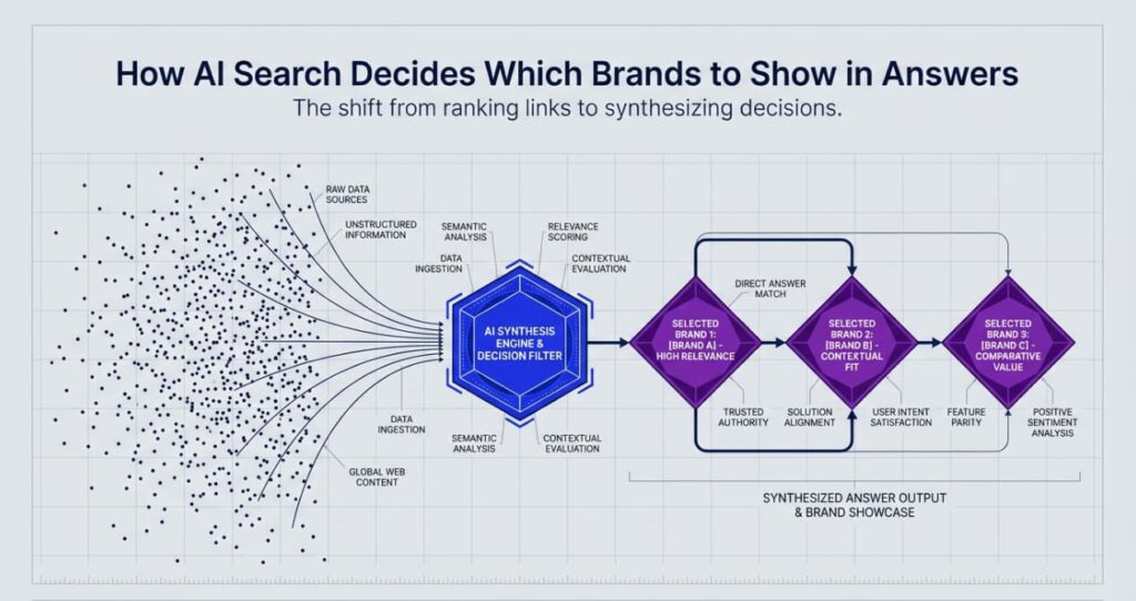Flowchart showing AI search decision process: raw data from web sources flows through AI synthesis engine and decision filter, selecting brands based on relevance, contextual fit, and comparative value to create synthesized answers