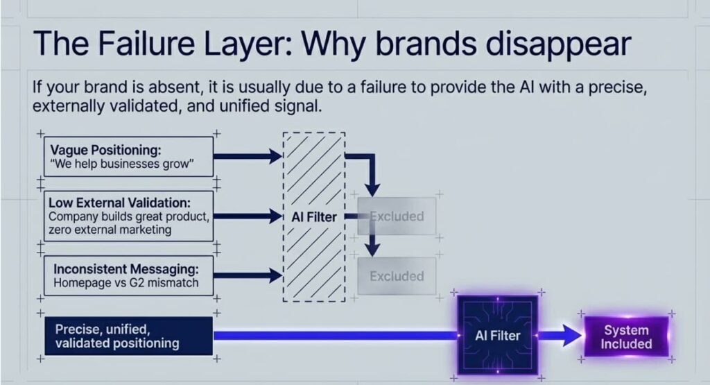 Diagram showing how AI filters out brands with weak signals but includes those with precise positioning.