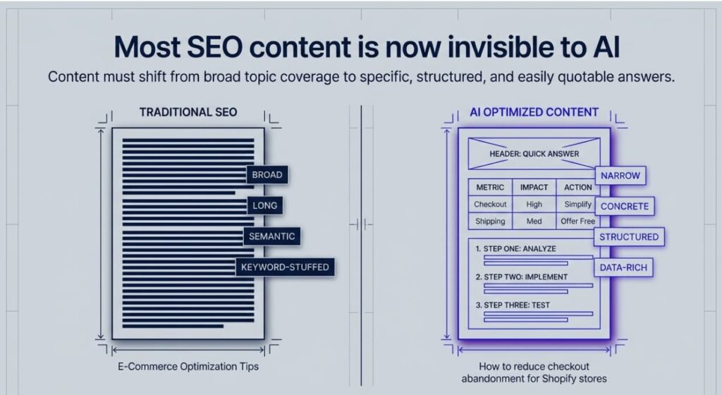 Diagram contrasting broad Traditional SEO articles with specific, structured AI-optimized content.