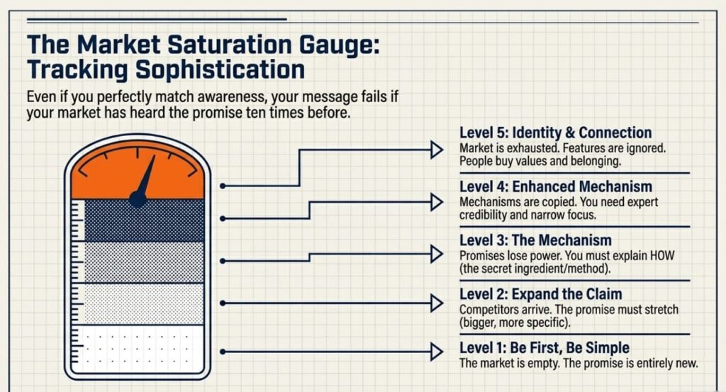 Illustration of a market saturation gauge that tracks the five levels of market sophistication, from “Be first, be simple” at Level 1 to “Identity and connection” at Level 5.