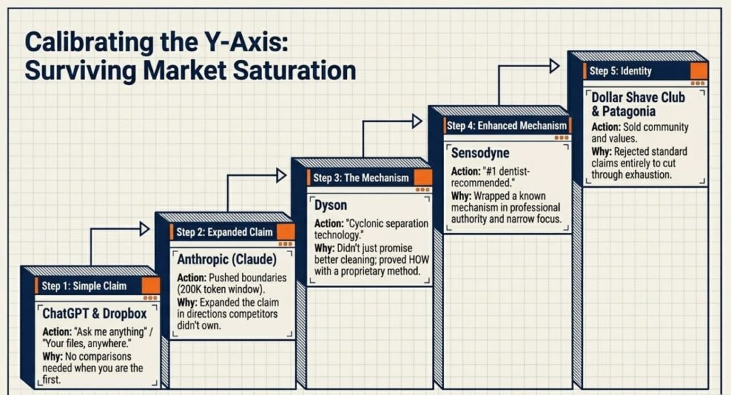 Diagram illustrating the five levels of market sophistication, showing how brands move from simple product claims to mechanisms, enhanced mechanisms, and identity‑based messaging.