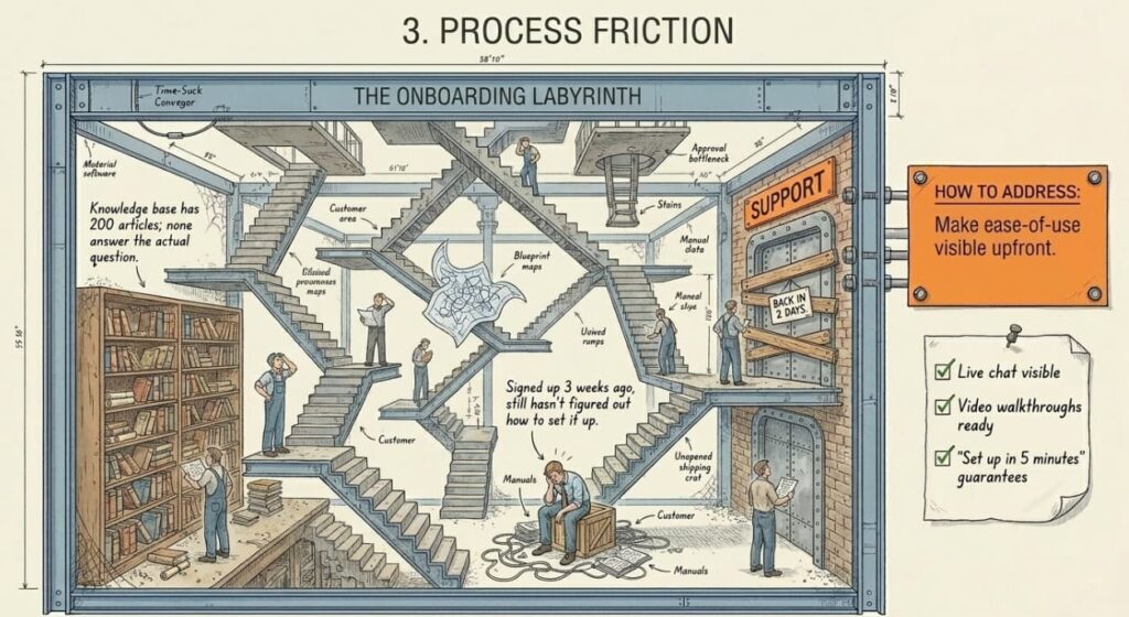Maze of stairs and confusing workflows: customer signed up 3 weeks ago, still can't set up the product, support takes 2 days