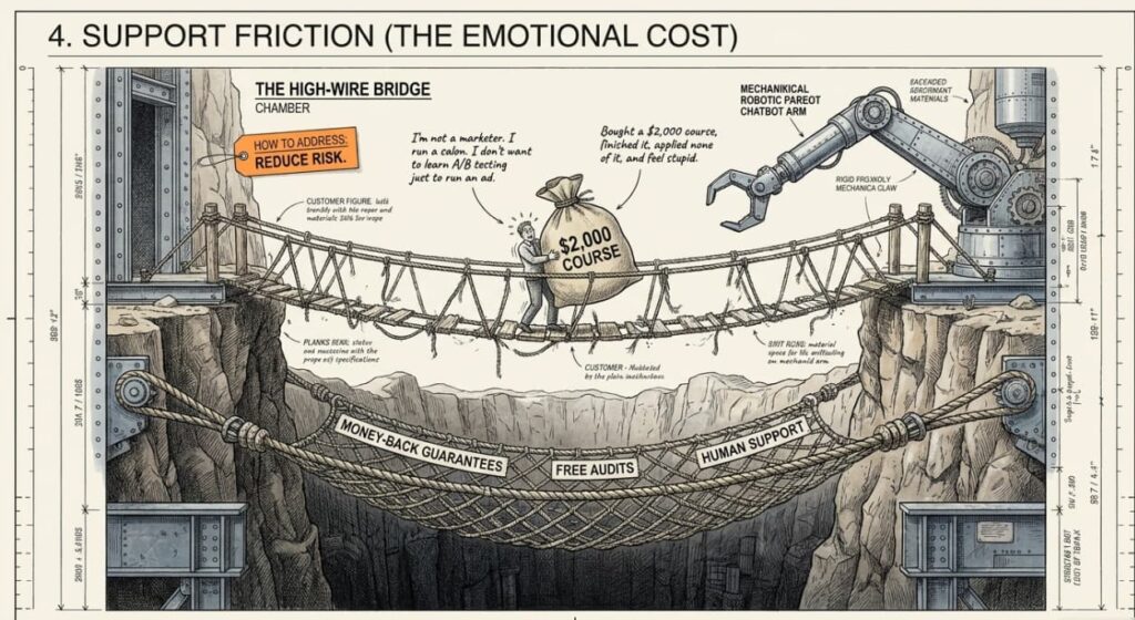 Dangerous rope bridge: customer carrying $2,000 course bag, afraid of making wrong decision, robotic claw waiting