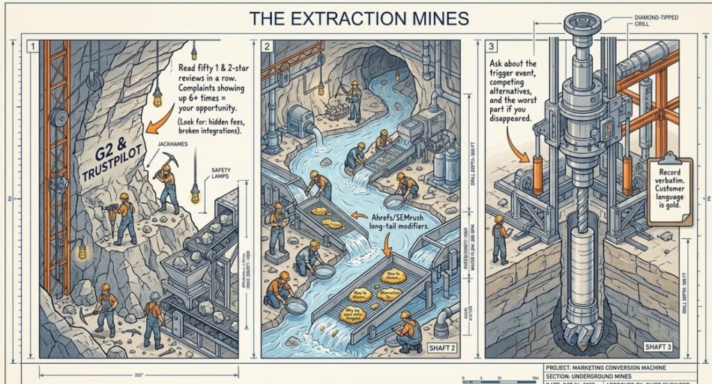 Three mining shafts: Shaft 1 (G2 & Trustpilot reviews), Shaft 2 (Ahrefs/SEMrush search queries), Shaft 3 (customer interviews drill)