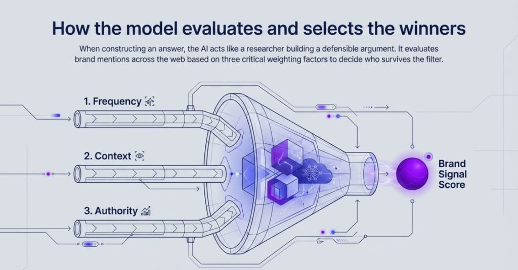 Diagram showing three critical factors—frequency, context, and authority—that AI models use to evaluate brand mentions and calculate brand signal score for selection in answers