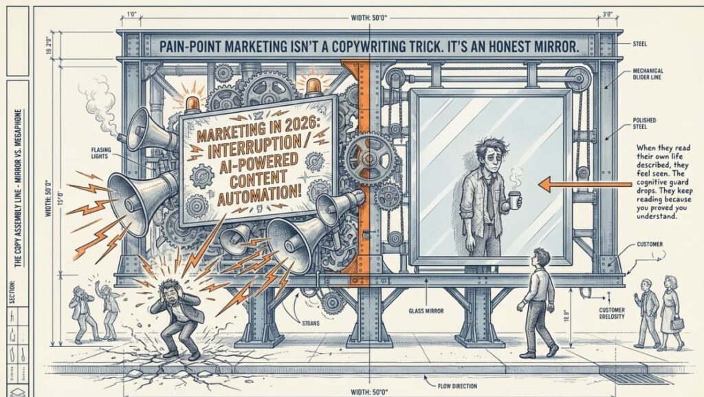 Contrast: loudspeakers shouting "AI-powered automation!" versus mirror reflecting customer's real life with coffee cup