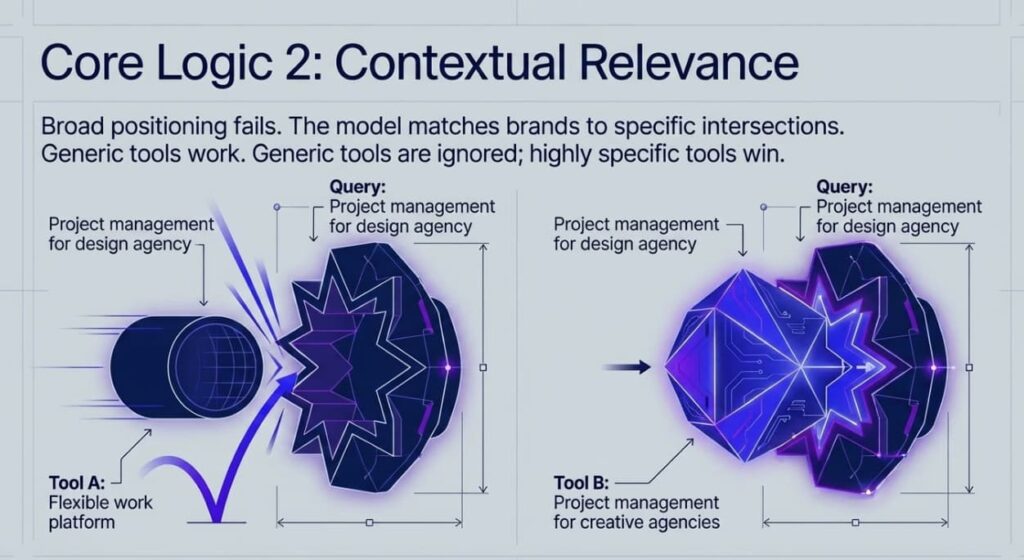 Infographic illustrating "Contextual Relevance." It shows how Tool A (generic platform) misses a specific query, while Tool B (niche tool for agencies) matches it perfectly.