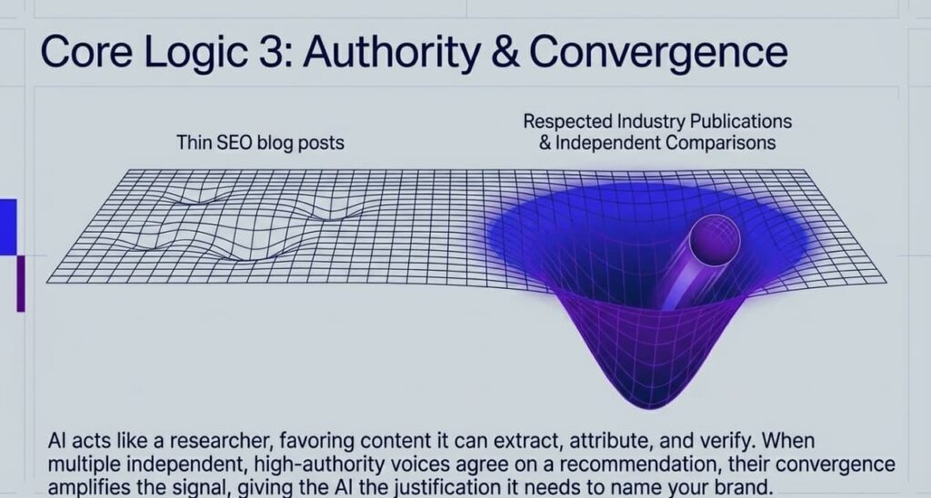 Diagram showing how AI weighs authority: thin SEO content vs. respected industry publications.