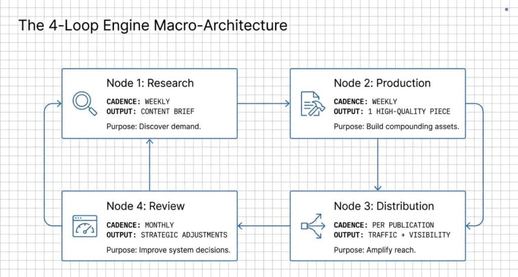Flowchart of the 4-loop marketing system: Research, Production, Distribution, Review