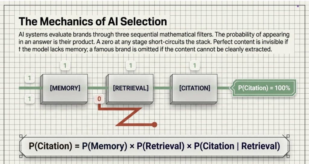 The Mechanics of AI Selection: Flowchart showing three sequential filters (Memory, Retrieval, Citation) with binary values. Green path shows P(Citation) = 100% when all filters pass (1×1×1). Red path shows silent failure when Retrieval = 0, breaking the chain. Formula: P(Citation) = P(Memory) × P(Retrieval) × P(Citation | Retrieval).