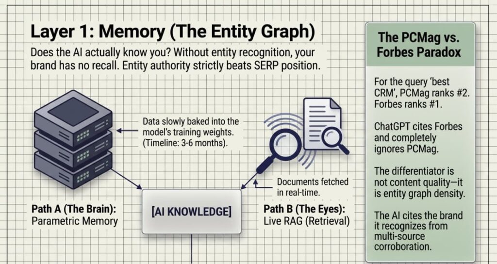 Layer 1 Memory Entity Graph: Diagram contrasting Path A (Parametric Memory, 3-6 month training weights) and Path B (Live RAG Retrieval) feeding into AI knowledge, alongside the PCMag vs Forbes paradox showing entity authority beats SERP position.