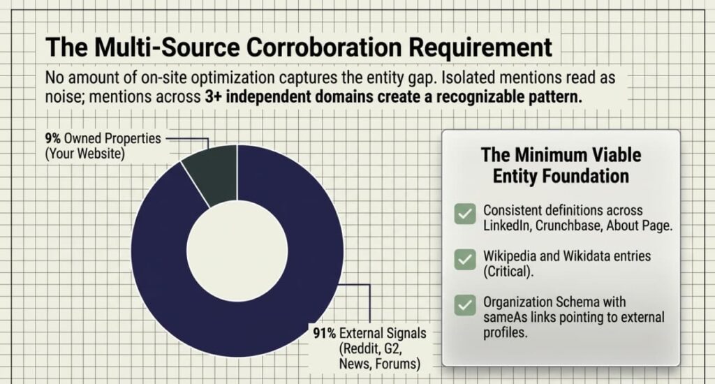 The Multi-Source Corroboration Requirement: Donut chart showing 91% of AI citations come from external signals (Reddit, G2, News) vs 9% from owned websites, alongside a checklist for The Minimum Viable Entity Foundation including consistent definitions, Wikipedia entries, and Organization Schema.