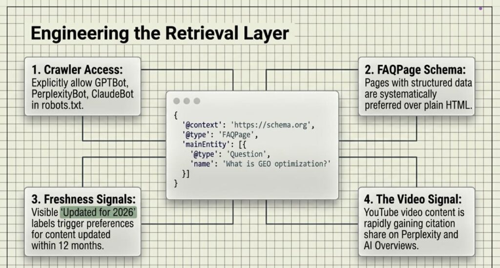 Engineering the Retrieval Layer: Diagram showing four technical GEO signals (Crawler Access via robots.txt, FAQPage Schema, Freshness Signals, and Video Signal) connected to a JSON-LD structured data example for AI optimization.