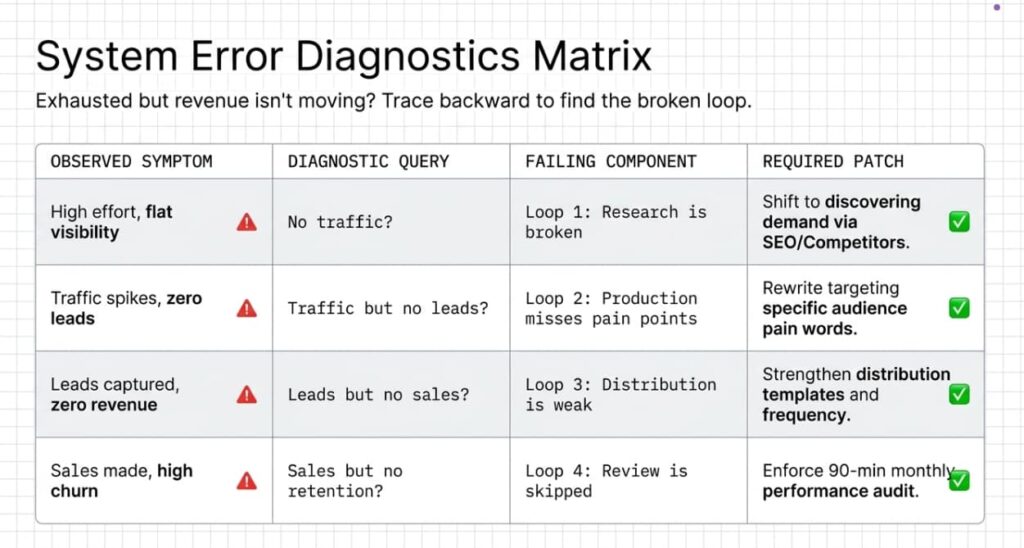 Table mapping marketing symptoms like no traffic or no leads to the broken loop and the required fix