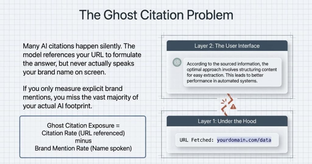 The Ghost Citation Problem: Diagram showing how AI references URLs without mentioning brand names, including the Ghost Citation Exposure formula (Citation Rate minus Brand Mention Rate) and two layers: Under the Hood (URL fetched) vs User Interface (no brand spoken).