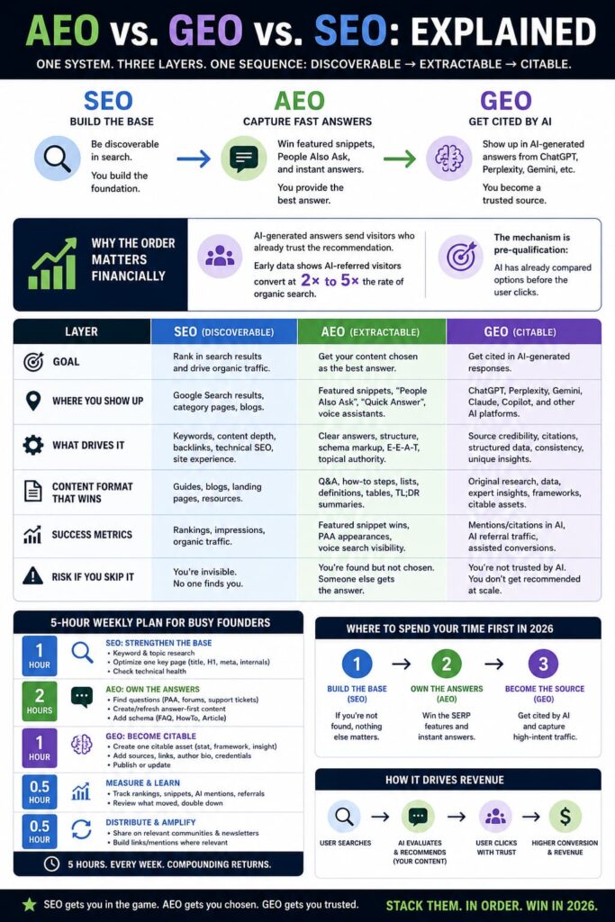 Infographic comparing SEO, AEO, and GEO: the three-layer search framework showing Discoverable to Extractable to Citable sequence with weekly time plan and revenue impact for founders