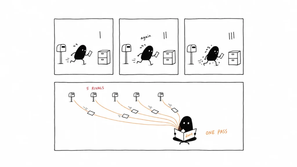 Comic-style illustration of repeating a task five times by hand versus one automated pass