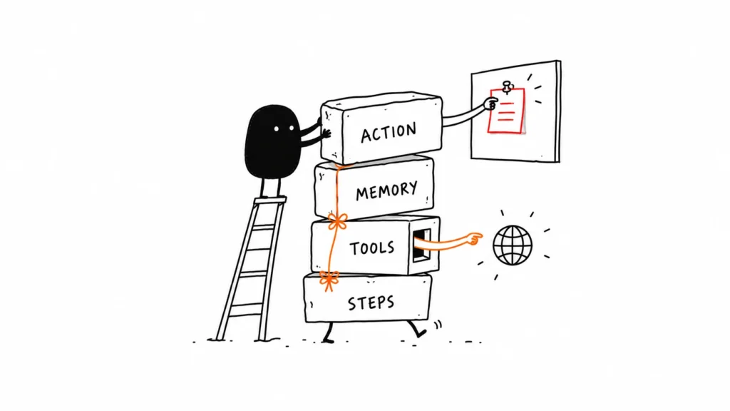 Illustration of four stacked traits that define an autonomous AI agent