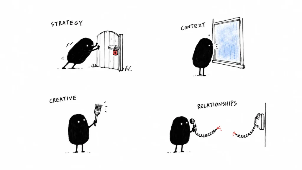 Illustration of four obstacles an AI agent cannot get past on its own