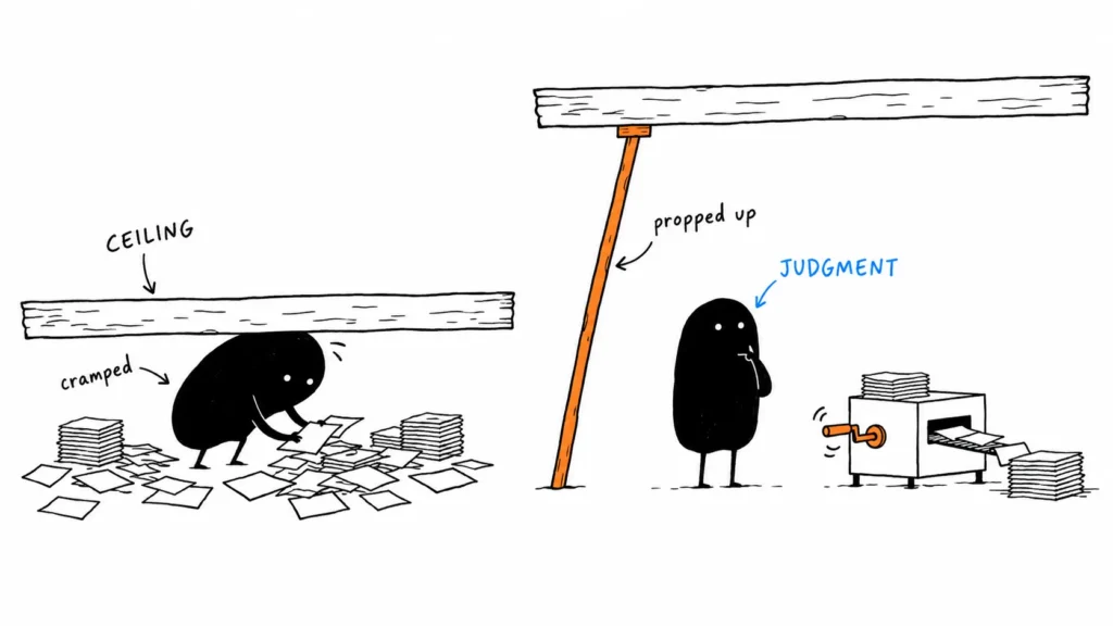 Before-and-after illustration of a low ceiling replaced by open working space