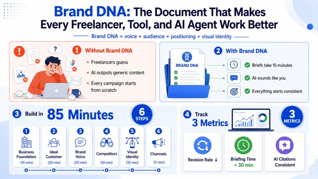 Brand DNA infographic: build in 85 minutes with 6 steps. Without it, freelancers guess and AI is generic. With it, briefs take 10 minutes and everything sounds consistent. Track revision rate, briefing time, AI citations.