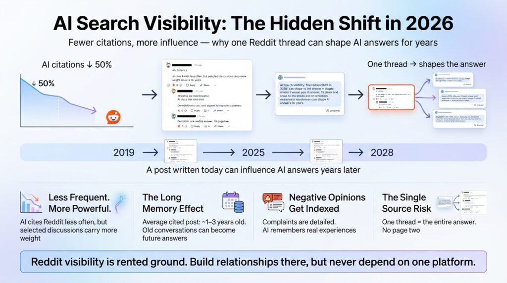 Infographic showing Reddit citations ↓50% but higher influence. Timeline 2019→2028. Four insights: less frequent/more powerful, long memory, negative indexing, single source risk.