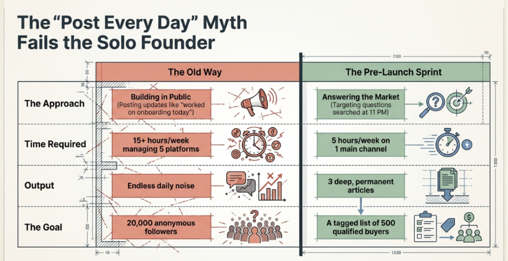 Comparison chart with two columns: "The Old Way" (red/orange) vs "The Pre-Launch Sprint" (green). Four rows compare: Approach (Building in Public with megaphone vs Answering the Market with magnifying glass and target), Time Required (15+ hours/week managing 5 platforms with clocks vs 5 hours/week on 1 main channel with stopwatch), Output (Endless daily noise with chat bubbles and graphs vs 3 deep permanent articles with document icon), The Goal (20,000 anonymous followers with crowd icon vs A tagged list of 500 qualified buyers with checklist and dollar sign).