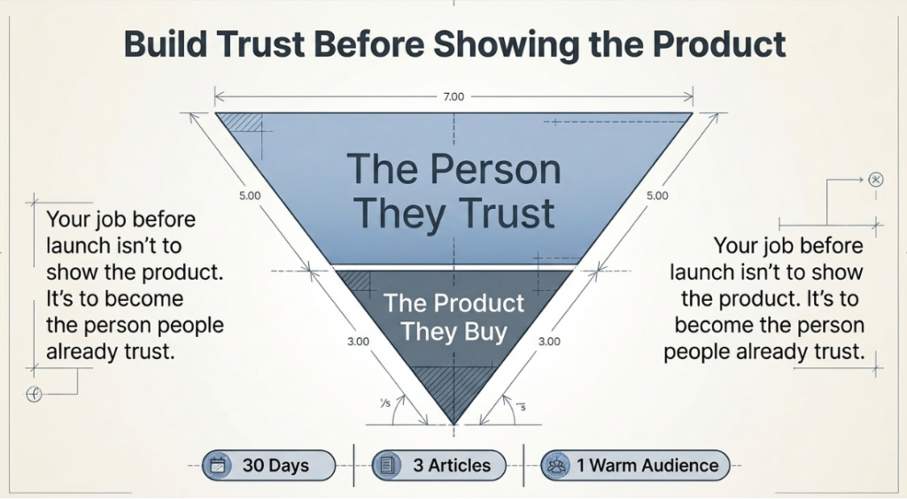 Inverted pyramid diagram divided into two sections. Top larger section (7.00 width, 5.00 height) labeled "The Person They Trust" in light blue. Bottom smaller section (3.00 width, 3.00 height) labeled "The Product They Buy" in dark blue. Side text reads: "Your job before launch isn't to show the product. It's to become the person people already trust." Bottom shows 3 elements: 30 Days calendar icon, 3 Articles document icon, 1 Warm Audience people icon.