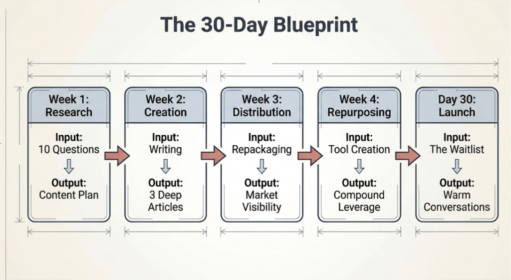 30-day pre-launch content blueprint showing 5 phases: Week 1 Research, Week 2 Creation, Week 3 Distribution, Week 4 Repurposing, Day 30 Launch with input and output for each phase.