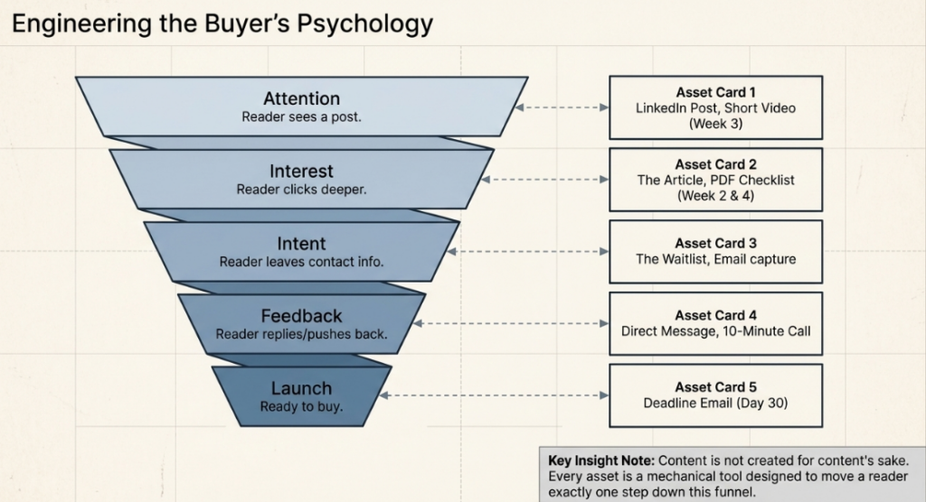 5-stage buyer psychology funnel mapping Attention, Interest, Intent, Feedback, and Launch to specific content assets.