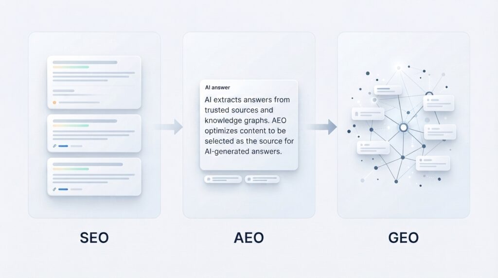 Three-panel infographic showing the evolution from SEO (search results list) to AEO (AI-generated answer with citations) to GEO (knowledge graph with interconnected content nodes).
