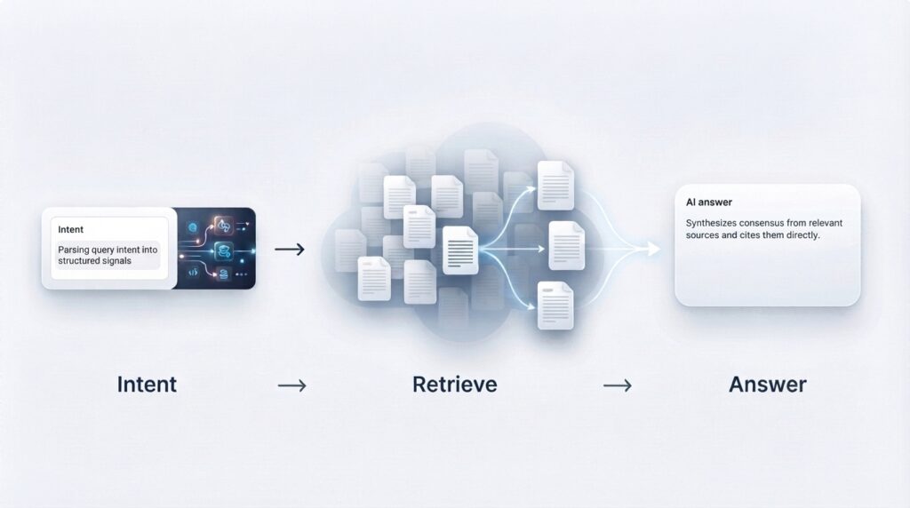 Three-step diagram showing how AI engines pick answers: parsing query intent into structured signals on the left, retrieving relevant documents from a knowledge pool in the center, and synthesizing a cited answer from top sources on the right.