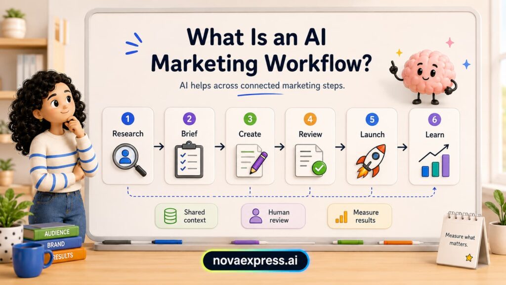 Infographic showing 6 steps of an AI marketing workflow: Research, Brief, Create, Review, Launch, Learn