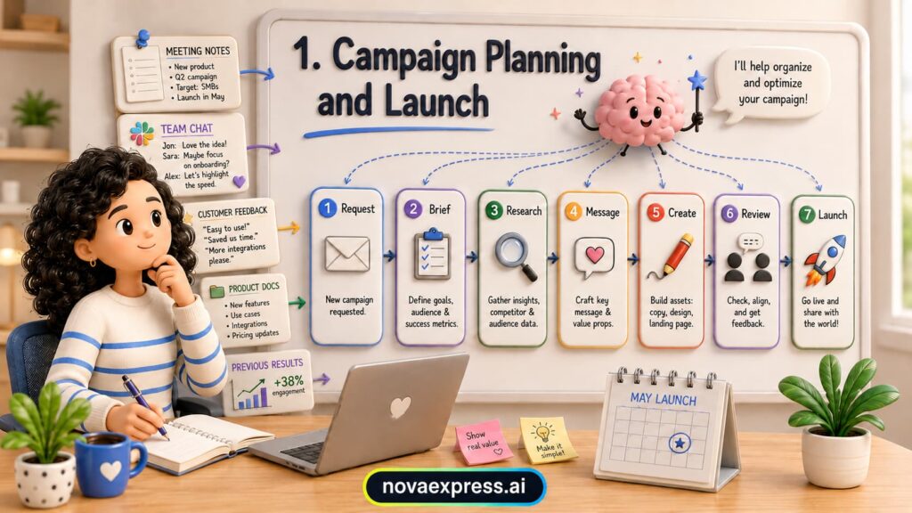 Infographic showing 7-step campaign workflow: Request, Brief, Research, Message, Create, Review, Launch — with meeting notes, team chat, customer feedback, and a May launch calendar.
